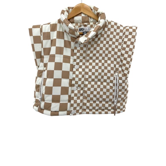 Beach Riot Jackets & Blazers - Beach Riot Canyon Puffer Vest Taupe Check Cropped Sleeveless Zip Snap Women's M